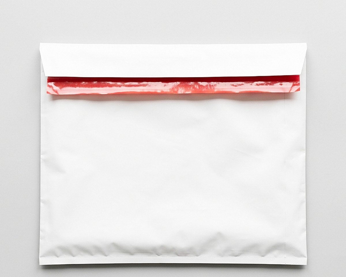 Enveloppe plastique d'expédition blanche, bande adhésive rouge